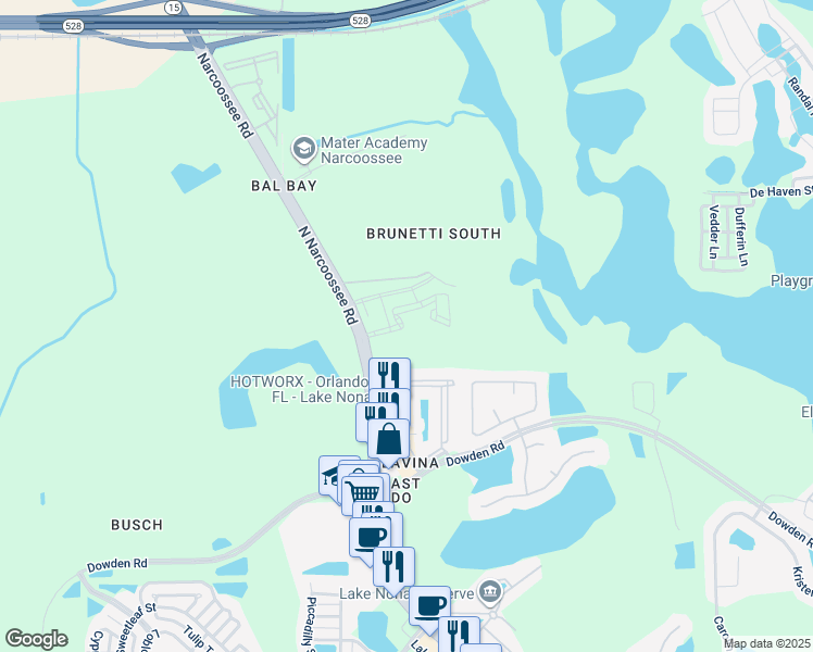 map of restaurants, bars, coffee shops, grocery stores, and more near North Narcoossee Road in Orlando