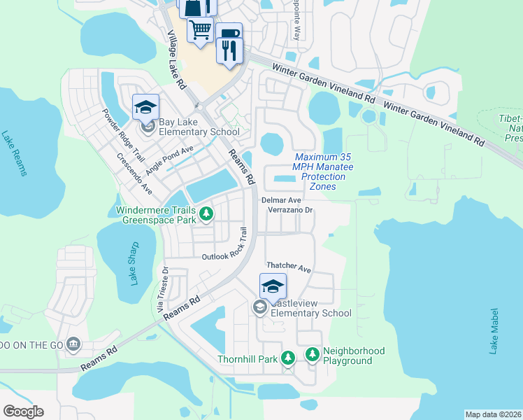 map of restaurants, bars, coffee shops, grocery stores, and more near 11743 Reams Road in Windermere
