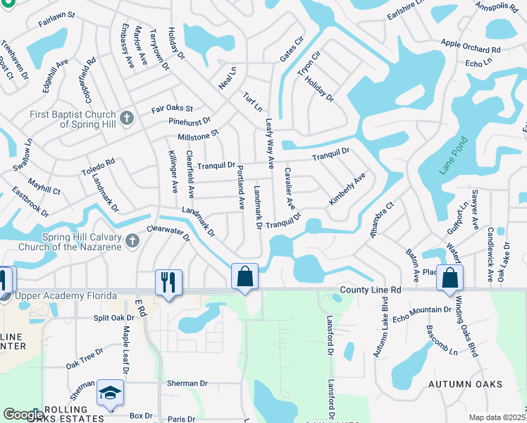 map of restaurants, bars, coffee shops, grocery stores, and more near 7614 Landmark Drive in Spring Hill