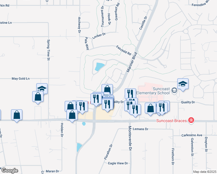 map of restaurants, bars, coffee shops, grocery stores, and more near 305 Glen Ivy Terrace in Spring Hill