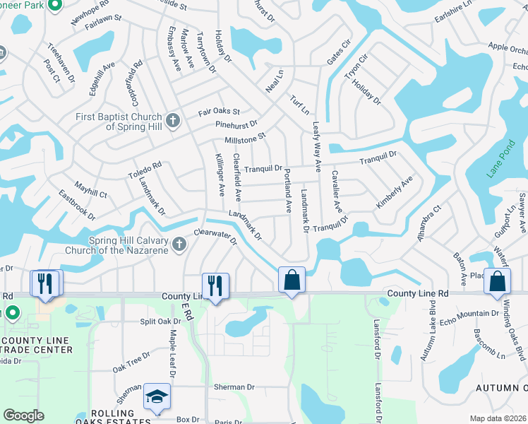map of restaurants, bars, coffee shops, grocery stores, and more near 7280 Lindhurst Street in Spring Hill