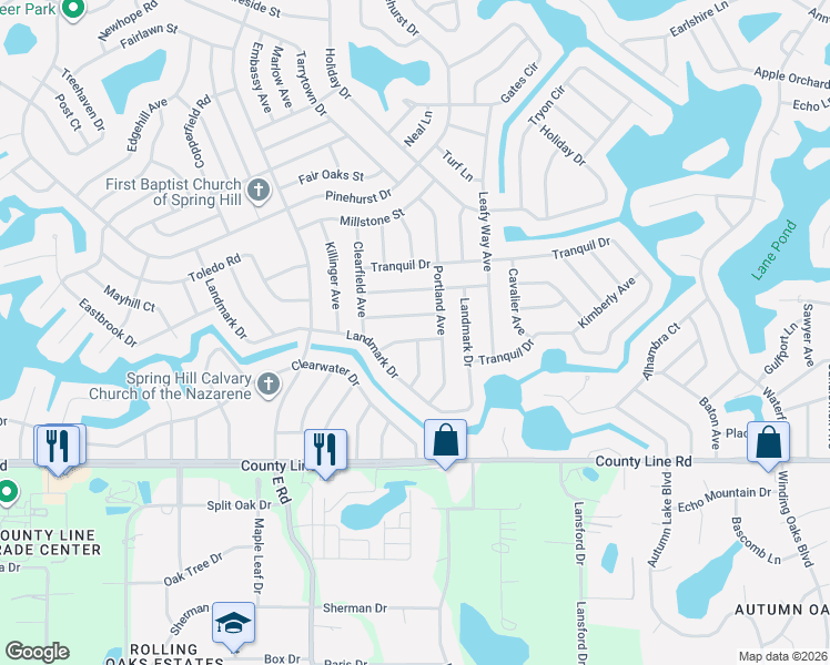 map of restaurants, bars, coffee shops, grocery stores, and more near 7280 Lindhurst Street in Spring Hill