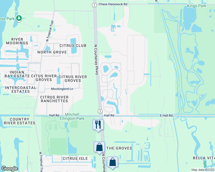 map of restaurants, bars, coffee shops, grocery stores, and more near 4401 Wood Stork Drive in Merritt Island