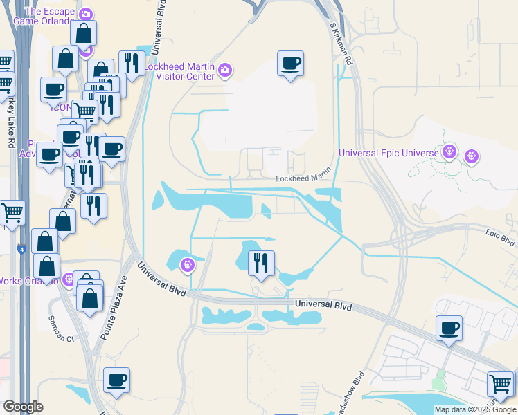 map of restaurants, bars, coffee shops, grocery stores, and more near 8000 Essex Point Circle in Orlando