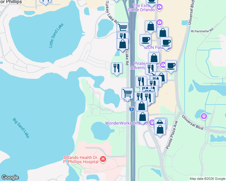 map of restaurants, bars, coffee shops, grocery stores, and more near 8202 Turkey Lake Road in Orlando