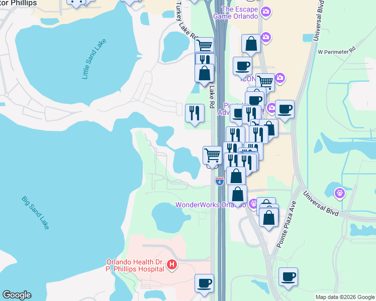 map of restaurants, bars, coffee shops, grocery stores, and more near 8202 Turkey Lake Road in Orlando