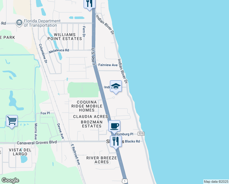 map of restaurants, bars, coffee shops, grocery stores, and more near 201 Indian Trail in Cocoa