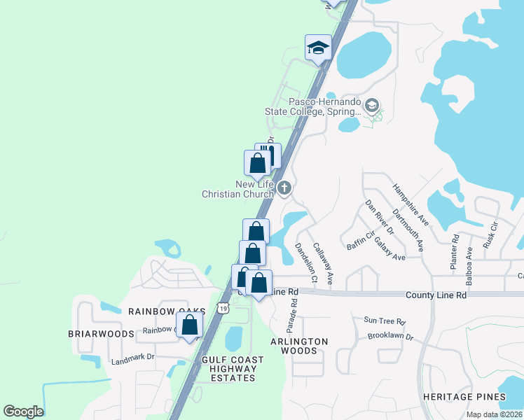 map of restaurants, bars, coffee shops, grocery stores, and more near 18857 Commercial Way in Spring Hill