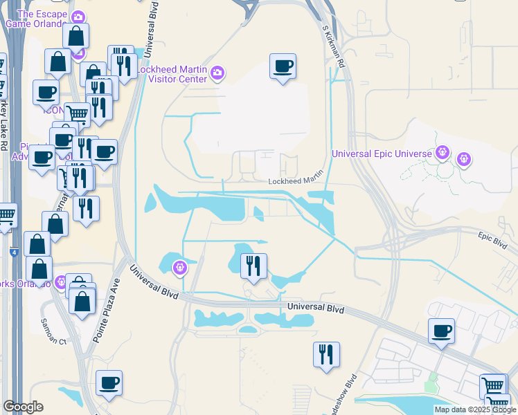 map of restaurants, bars, coffee shops, grocery stores, and more near 8000 Essex Point Circle in Orlando