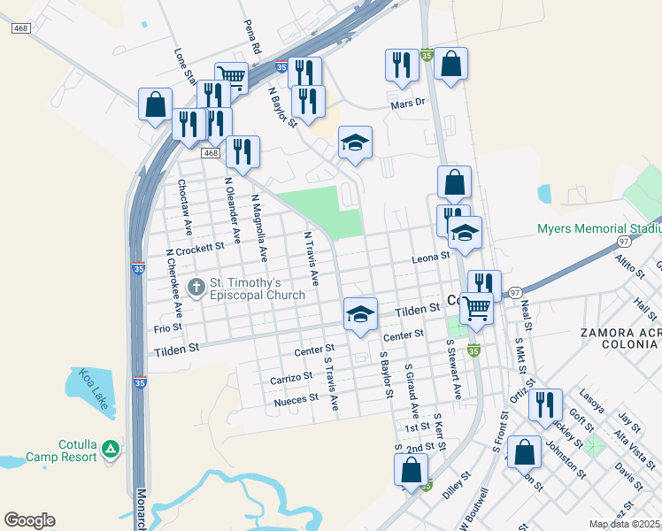 map of restaurants, bars, coffee shops, grocery stores, and more near 401 North Leonard Avenue in Cotulla