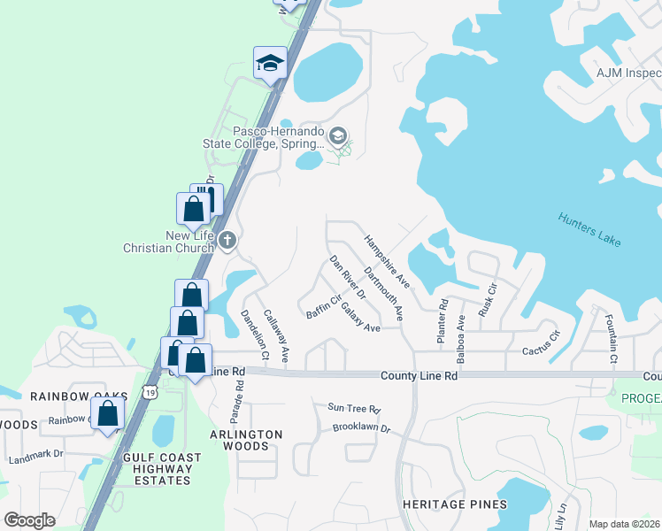 map of restaurants, bars, coffee shops, grocery stores, and more near 5238 Baffin Circle in Spring Hill