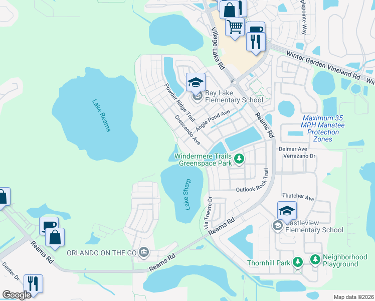 map of restaurants, bars, coffee shops, grocery stores, and more near 8758 Lookout Pointe Drive in Windermere