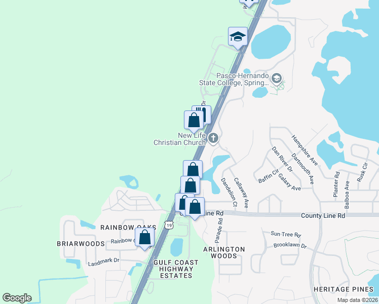 map of restaurants, bars, coffee shops, grocery stores, and more near 18857-18887 Commercial Way in Spring Hill
