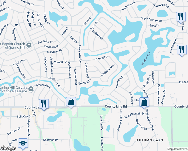 map of restaurants, bars, coffee shops, grocery stores, and more near 8320 Tranquil Drive in Spring Hill