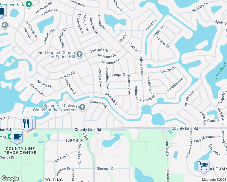 map of restaurants, bars, coffee shops, grocery stores, and more near 7280 Lindhurst Street in Spring Hill