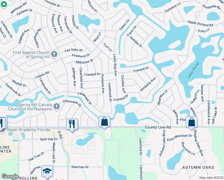 map of restaurants, bars, coffee shops, grocery stores, and more near 7614 Landmark Drive in Spring Hill