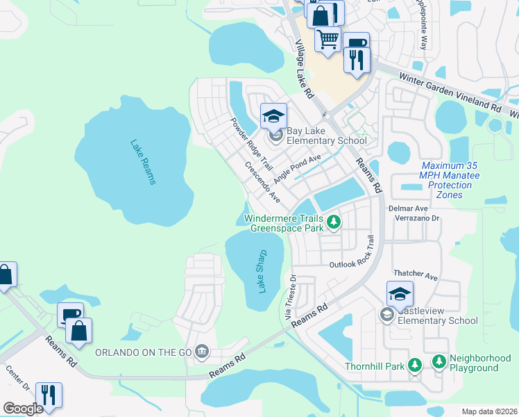 map of restaurants, bars, coffee shops, grocery stores, and more near 8758 Lookout Pointe Drive in Windermere