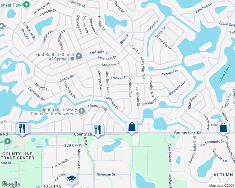 map of restaurants, bars, coffee shops, grocery stores, and more near 7280 Lindhurst Street in Spring Hill