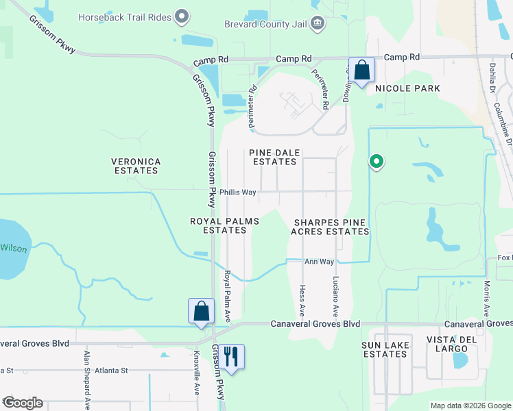 map of restaurants, bars, coffee shops, grocery stores, and more near 823 Phyllis Way in Cocoa