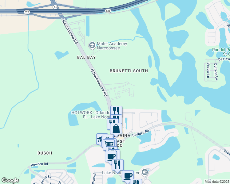 map of restaurants, bars, coffee shops, grocery stores, and more near North Narcoossee Road in Orlando