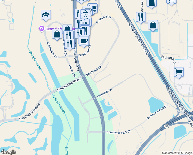 map of restaurants, bars, coffee shops, grocery stores, and more near 8529 South Park Circle in Orlando
