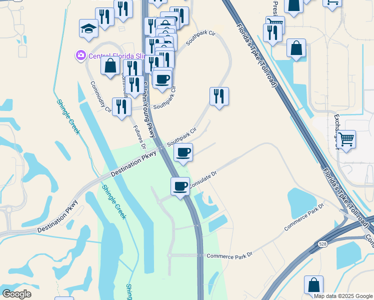map of restaurants, bars, coffee shops, grocery stores, and more near 8529 Southpark Circle in Orlando