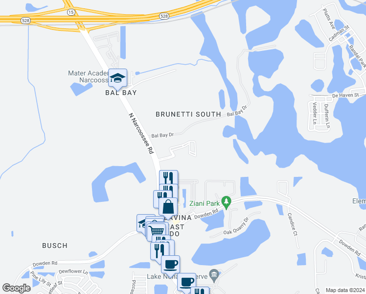 map of restaurants, bars, coffee shops, grocery stores, and more near North Narcoossee Road in Orlando