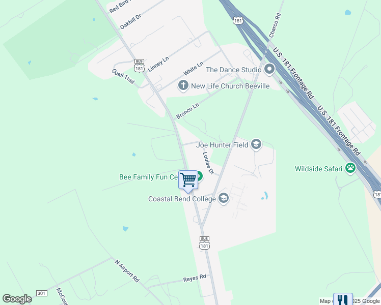 map of restaurants, bars, coffee shops, grocery stores, and more near 100 Louise Drive in Beeville