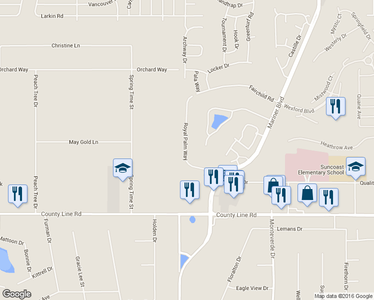 map of restaurants, bars, coffee shops, grocery stores, and more near 284 Royal Palm Way in Spring Hill