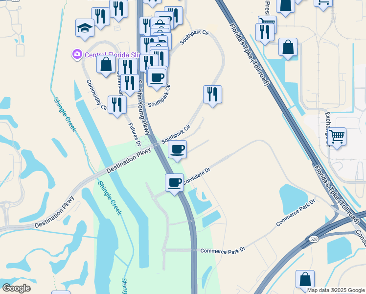 map of restaurants, bars, coffee shops, grocery stores, and more near 8529 Southpark Circle in Orlando