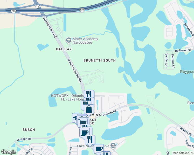map of restaurants, bars, coffee shops, grocery stores, and more near North Narcoossee Road in Orlando