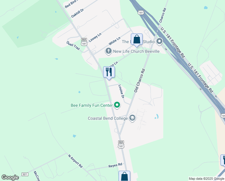 map of restaurants, bars, coffee shops, grocery stores, and more near 100 Louise Drive in Beeville