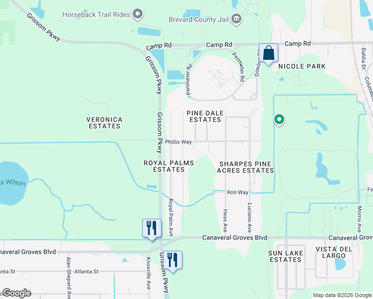 map of restaurants, bars, coffee shops, grocery stores, and more near 823 Phyllis Way in Cocoa