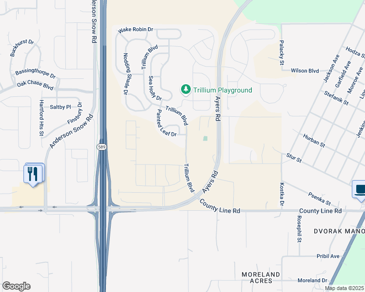 map of restaurants, bars, coffee shops, grocery stores, and more near 417 Trillium Boulevard in Brooksville