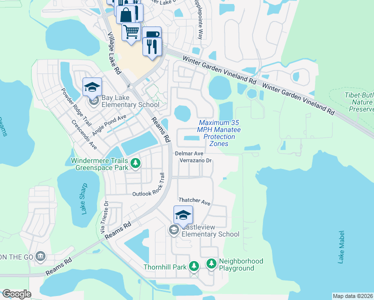 map of restaurants, bars, coffee shops, grocery stores, and more near 11861 Verrazano Drive in Orlando