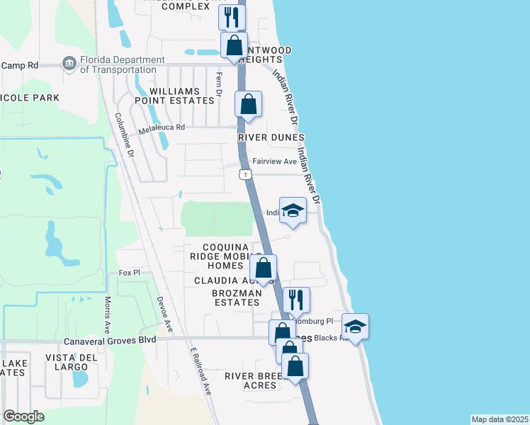 map of restaurants, bars, coffee shops, grocery stores, and more near 201 Indian Trail in Cocoa