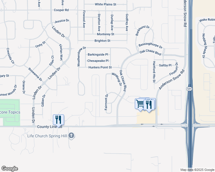 map of restaurants, bars, coffee shops, grocery stores, and more near 343 Fairmont Drive in Spring Hill