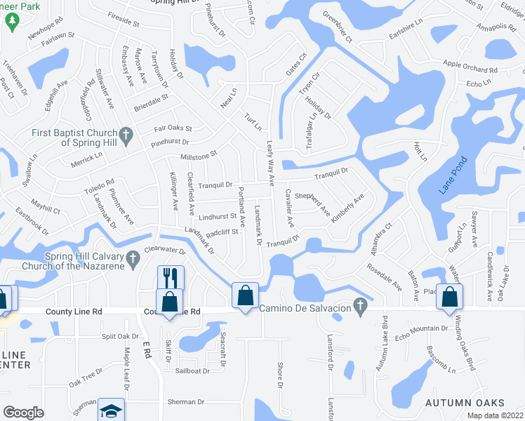 map of restaurants, bars, coffee shops, grocery stores, and more near 7638 Landmark Drive in Spring Hill