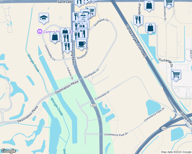 map of restaurants, bars, coffee shops, grocery stores, and more near 8529 South Park Circle in Orlando