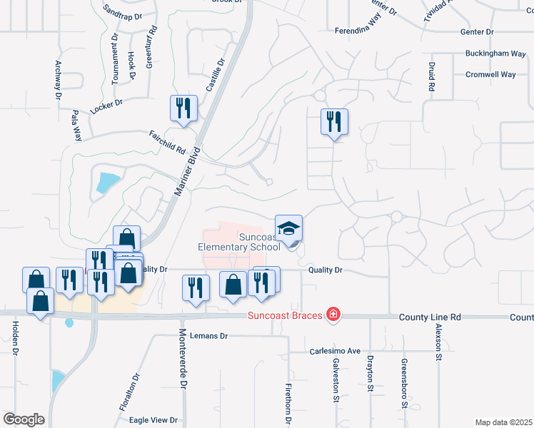map of restaurants, bars, coffee shops, grocery stores, and more near 11152 Heathrow Avenue in Spring Hill