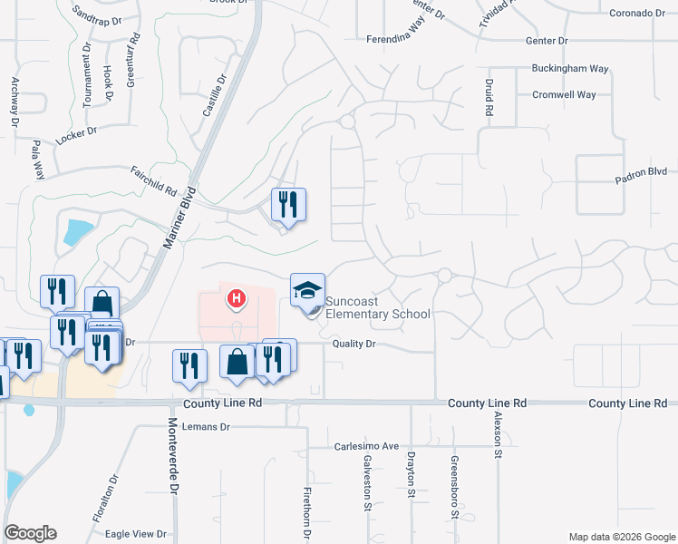 map of restaurants, bars, coffee shops, grocery stores, and more near 11242 Heathrow Avenue in Spring Hill