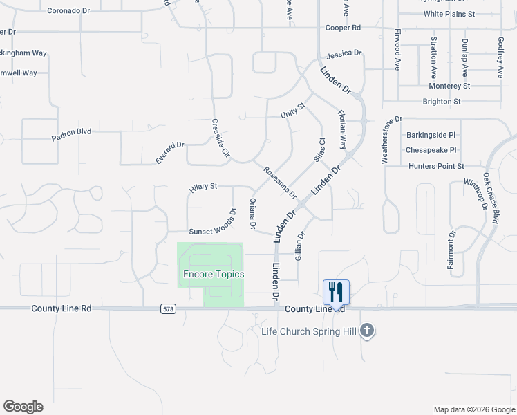 map of restaurants, bars, coffee shops, grocery stores, and more near 216 Oriana Drive in Spring Hill