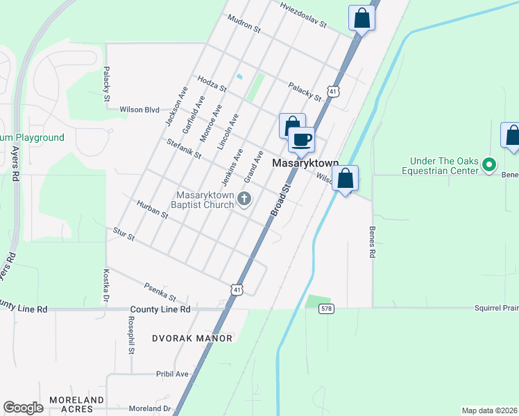 map of restaurants, bars, coffee shops, grocery stores, and more near 288 Roosevelt Avenue in Masaryktown