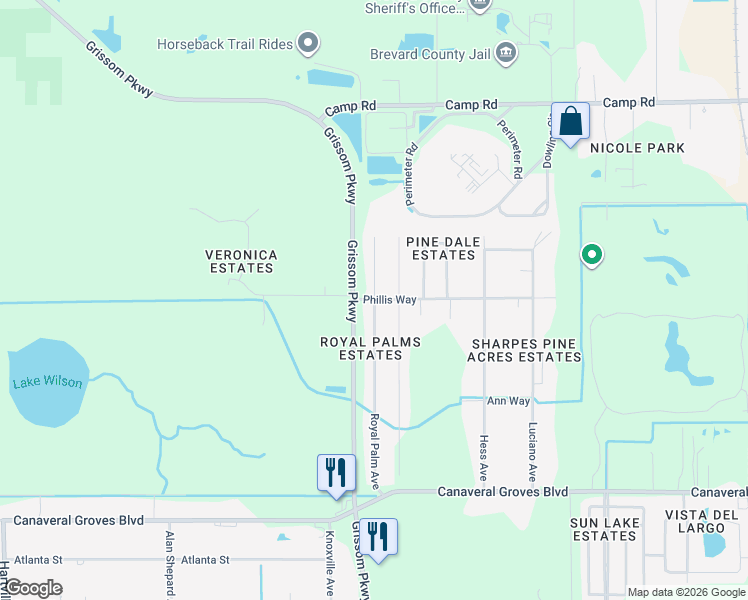 map of restaurants, bars, coffee shops, grocery stores, and more near 827 Phyllis Way in Cocoa
