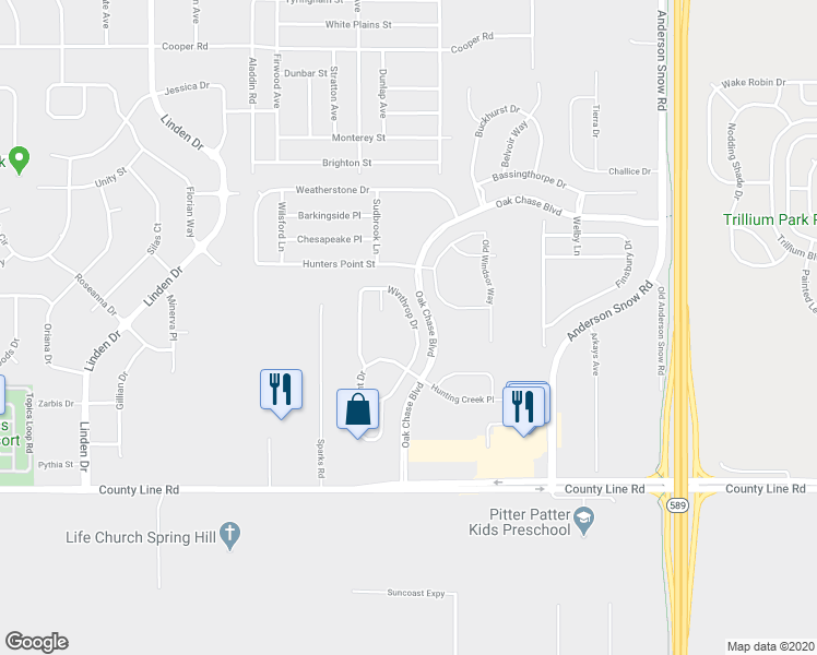 map of restaurants, bars, coffee shops, grocery stores, and more near 463 Winthrop Drive in Spring Hill