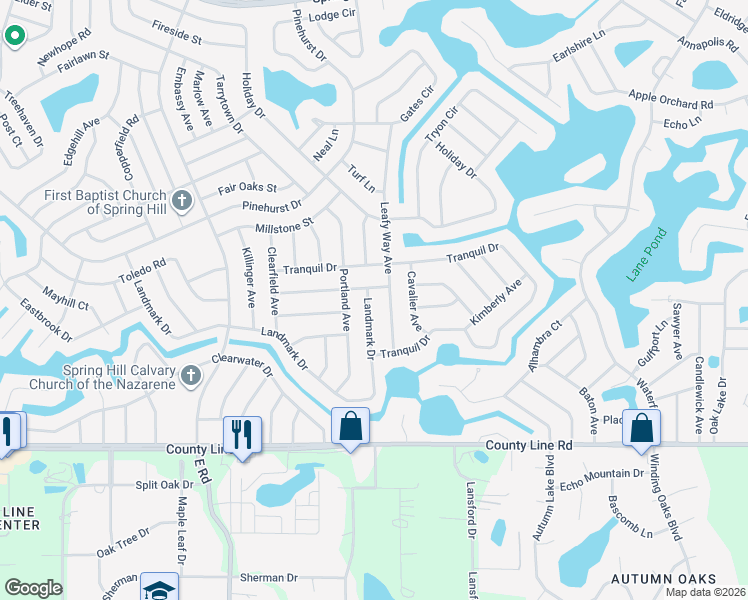 map of restaurants, bars, coffee shops, grocery stores, and more near 7379 Lamplighter Street in Spring Hill