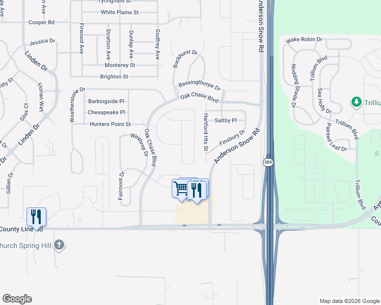 map of restaurants, bars, coffee shops, grocery stores, and more near 1173 Windsor Court in Spring Hill