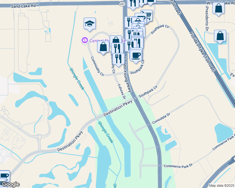 map of restaurants, bars, coffee shops, grocery stores, and more near 7350 Futures Drive in Orlando