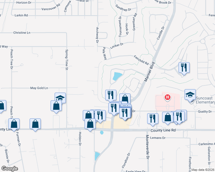 map of restaurants, bars, coffee shops, grocery stores, and more near 10251 Palmgren Lane in Spring Hill