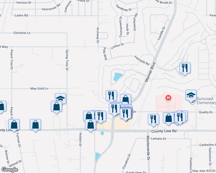 map of restaurants, bars, coffee shops, grocery stores, and more near 10251 Palmgren Lane in Spring Hill